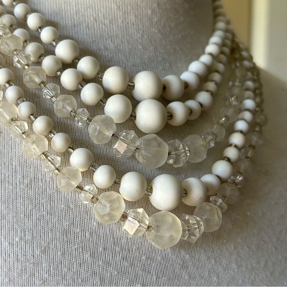 Vintage 1950s Five Stranded Milk Glass Crystal Beaded Statement Neckalce